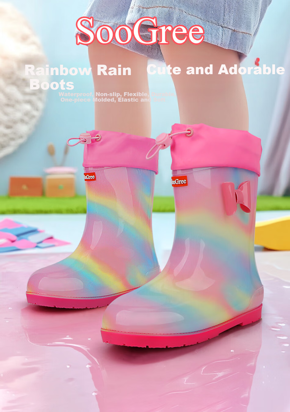 SooGree Kids Waterproof Non-Slip Durable Rain Boots Cute Cartoon Splash-Proof Outdoor School Shoes for Boys and Girls 13