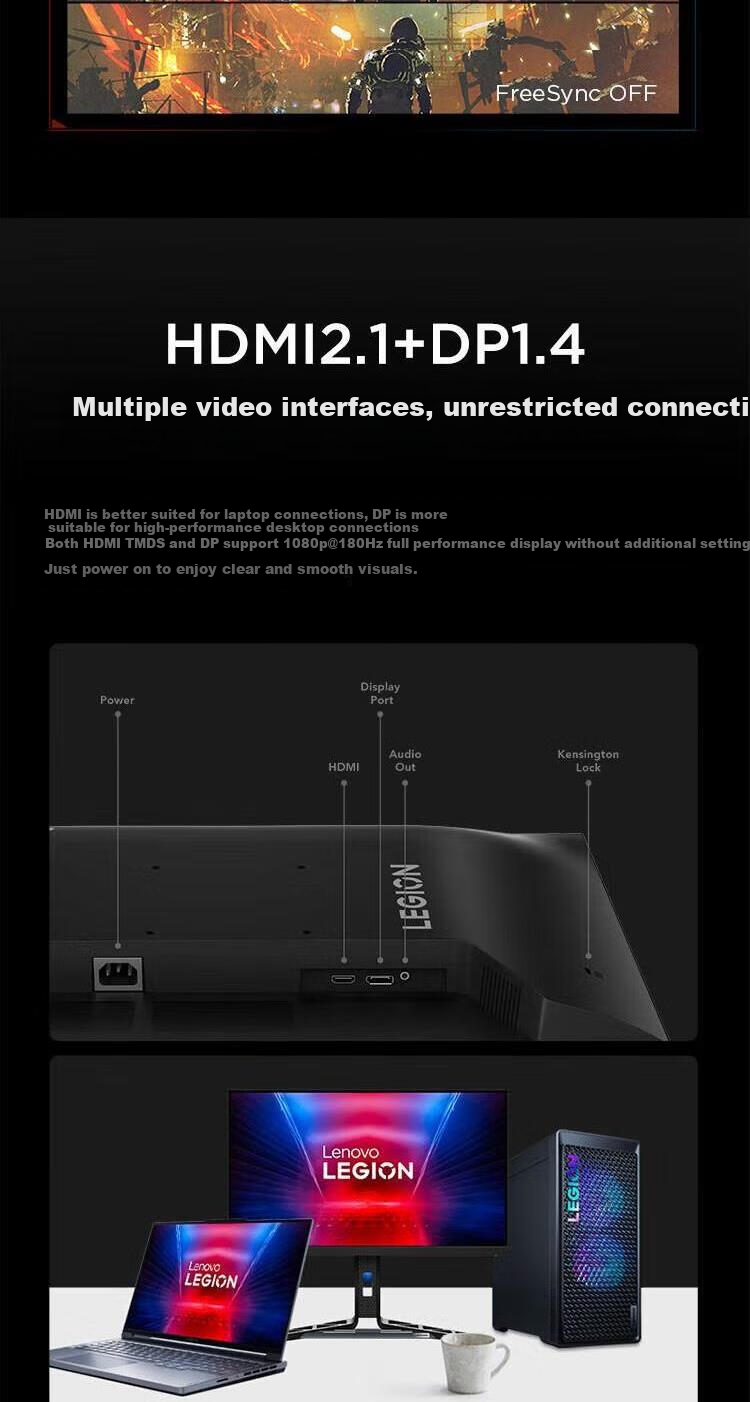 Lenovo 23.8-Inch 180Hz High Refresh Rate Gaming Monitor IPS Panel 1ms GTG Dual Interface Height Adjustable Rotatable Low Blue Light 99% SRGB Computer Display R24e 8