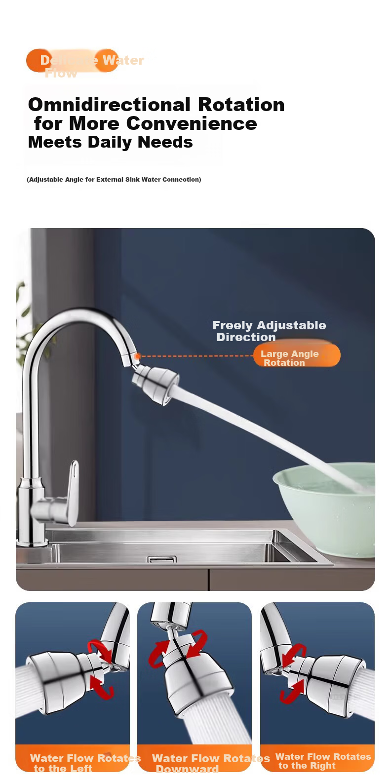 Denwalk [Germany] Kitchen Faucet Brass Spout Long Extension Booster Aerator Three-Mode Splash-Proof V-Shaped Nozzle 10