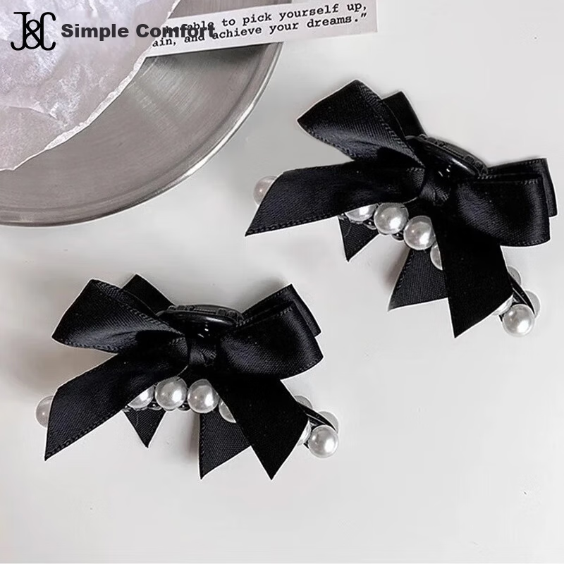 Jianying Shu French Pearl Black Bowknot 2-Piece Hair Claw Clip Hair Accessories for Women
