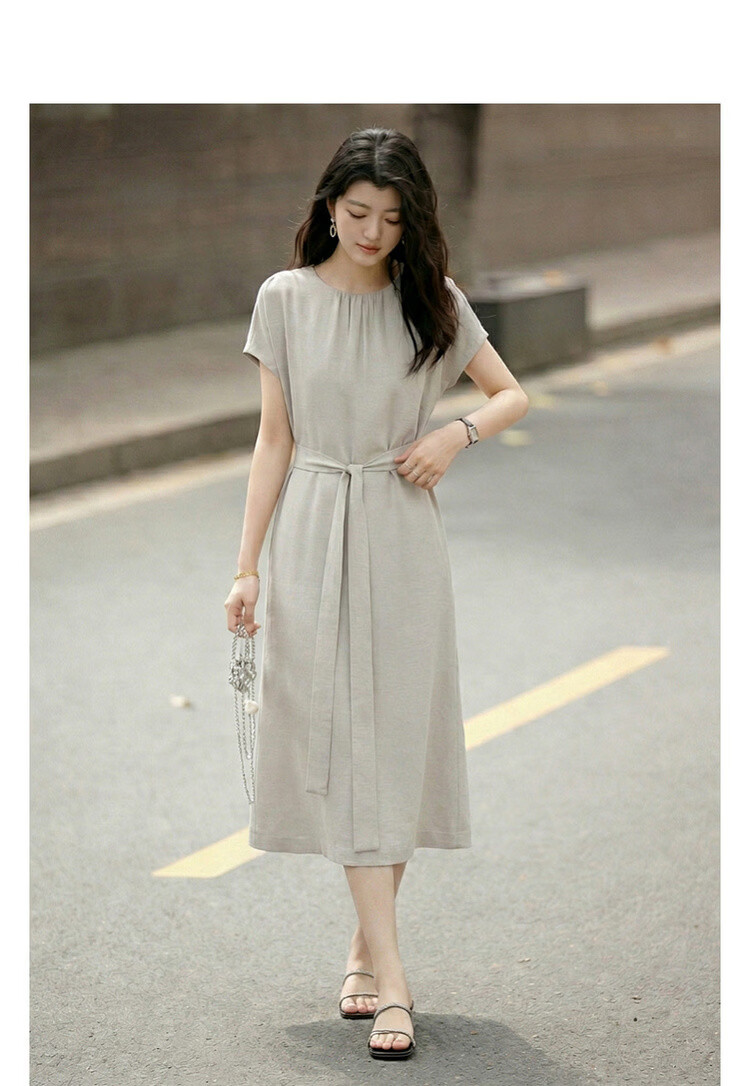 Demana Natural Linen Summer Elegant Round Neck Fabric Belt Loose Petite Mid-Length Dress for Women 3