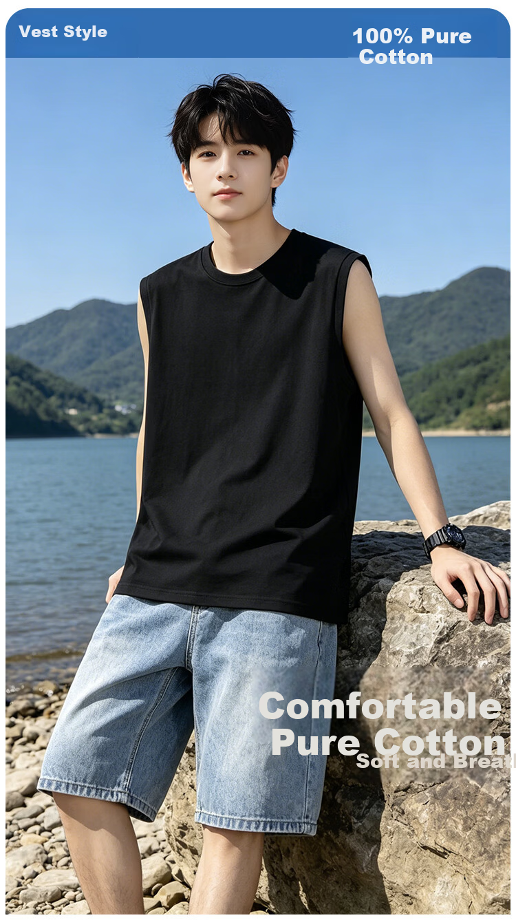 Nanjiren Men's Pure Cotton Vest Summer Outdoor Sports Casual Loose Simple Trendy Sleeveless T-Shirt 1