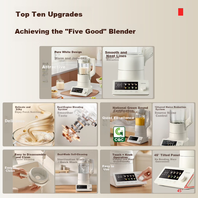 TOSHIBA Xiaobailu Five-Function Blender Household Soymilk Juicer Food Processor 1.75L 12-Level Noise Reduction Inverter Quiet Color Screen BL-130GRVC(W)