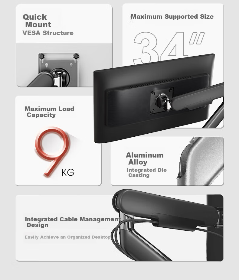 Huixiang Monitor Stand Desktop Computer Single Screen Mechanical Arm No-Drill Adjustable Height Telescopic Rotating Column Stand AE3 Nebula White 3