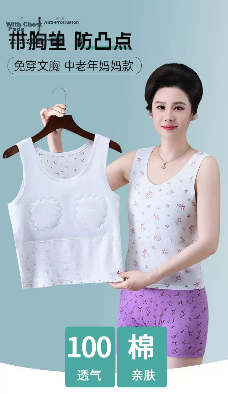Langsha Elderly Women's Cotton Vest with Chest Pad, Plus Size Summer Thin Undershirt for Middle-aged and Senior Women 1
