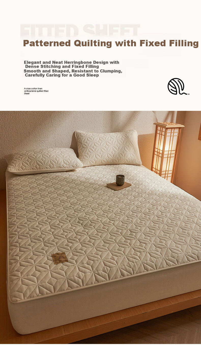 MUJI Class A Pure Cotton Linen Thickened Quilted Fitted Sheet Single Dustproof Protective Non-Slip Full Coverage 180*200cm 6