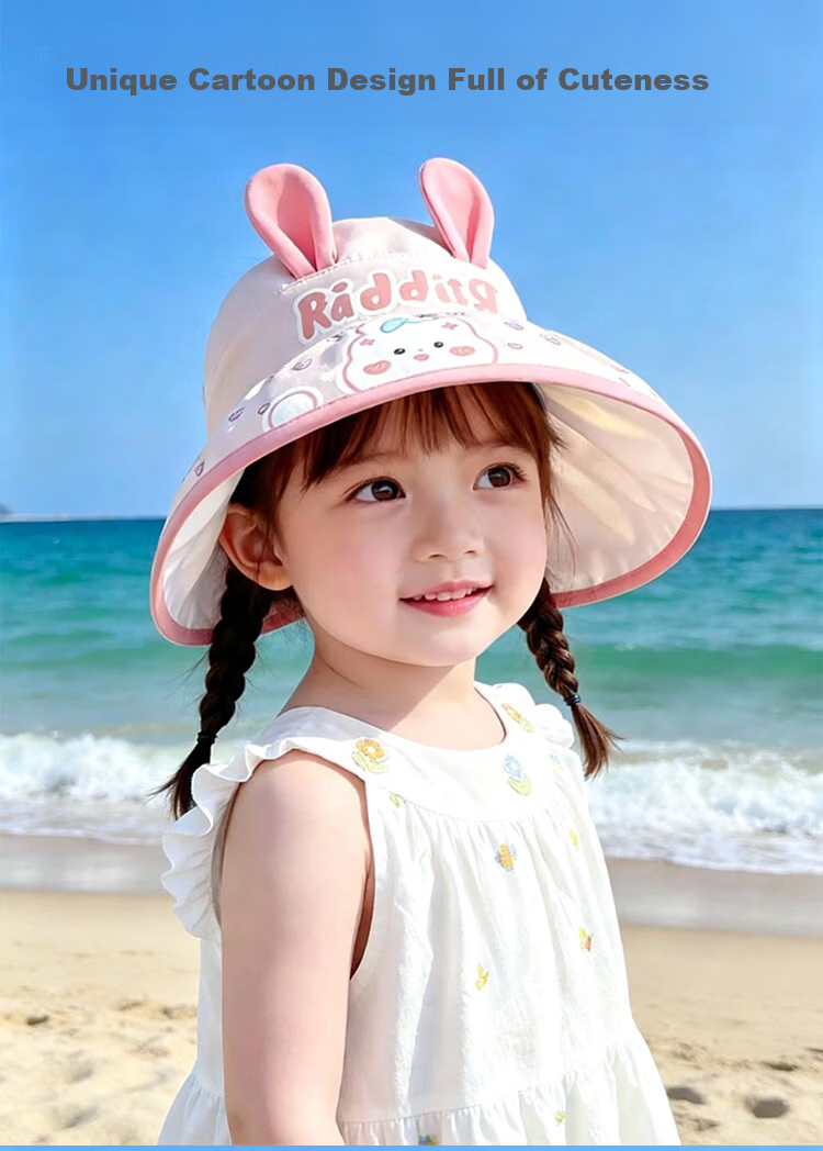 9i9 Kids Summer Sun Protection Hat Thin Girls Open-Top Wide Brim Sunshade Hat Sweet Strawberry Rabbit Ponytail 3-12 Years F36 8
