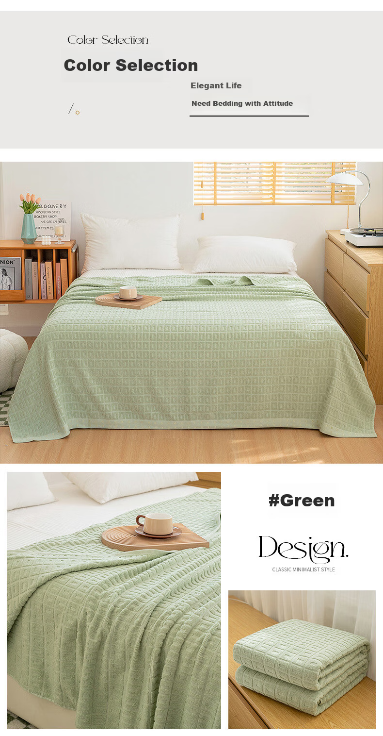 KING SHORE 100% Cotton A-Class Single Student Summer Cooling Air Conditioning Blanket Terry Towel Quilt 150*200cm Green Checkered 7