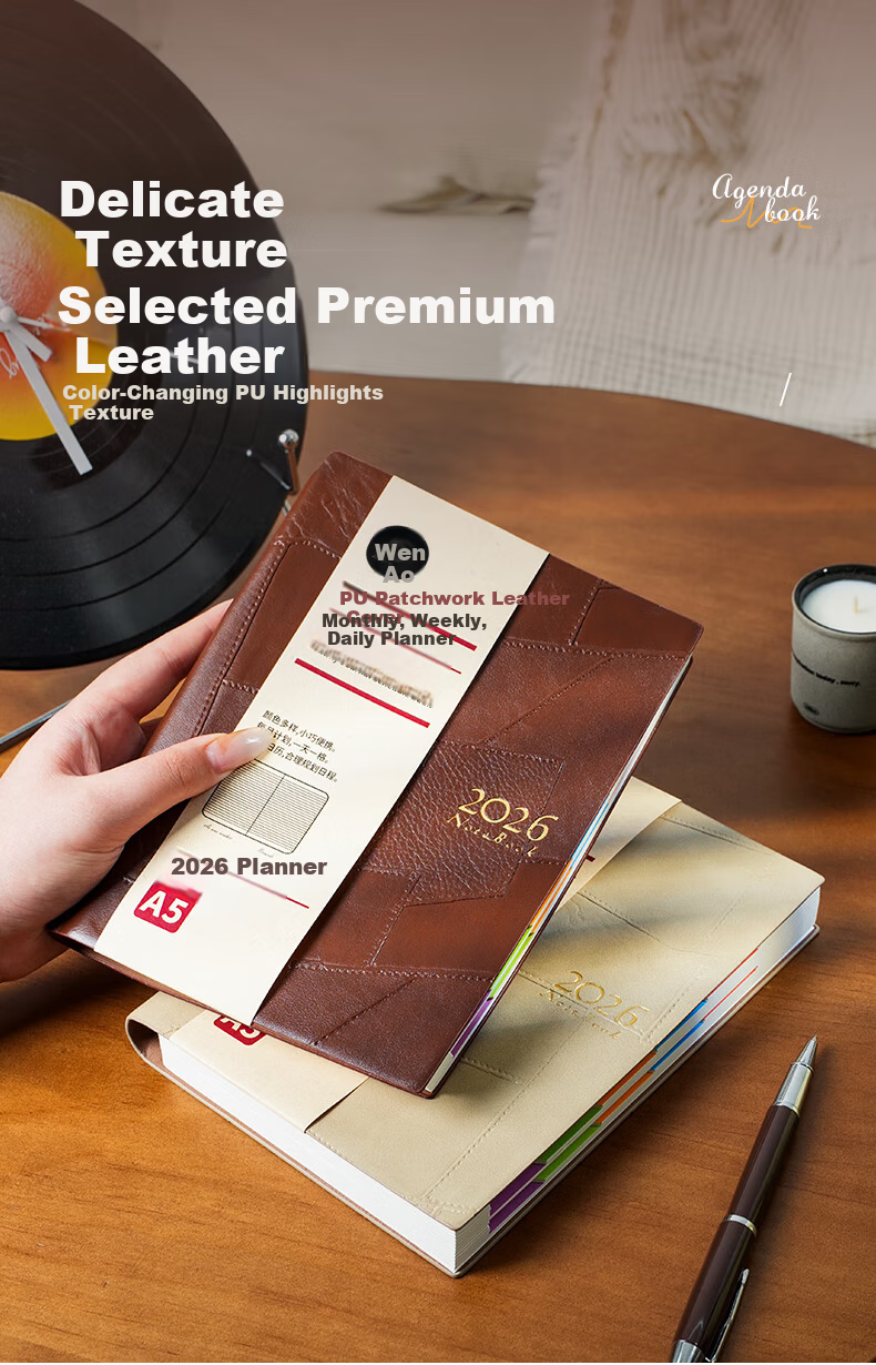 Wen'ao A5 Creative Thickened Vintage 365-Day Diary 2026 Planner Notebook School Season Schedule Punch Card Premium Business Office Journal Light Brown 5