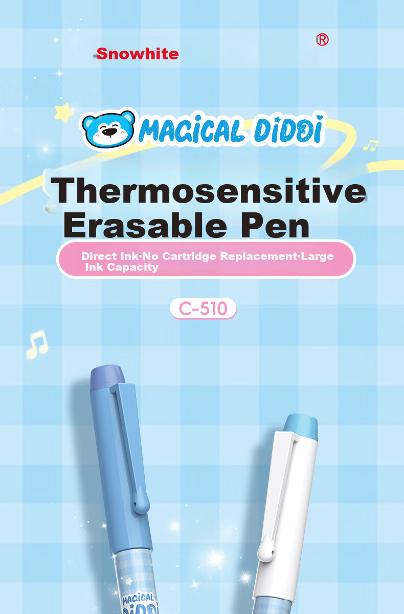 Snowhite Erasable Liquid Ink Fountain Pen for Elementary Students Grades 3-6, No Cartridge Replacement, Built-in Ink Conditioner, High Aesthetic, Large Capacity, Student Practice Pen C510, Ink Blue, P 1