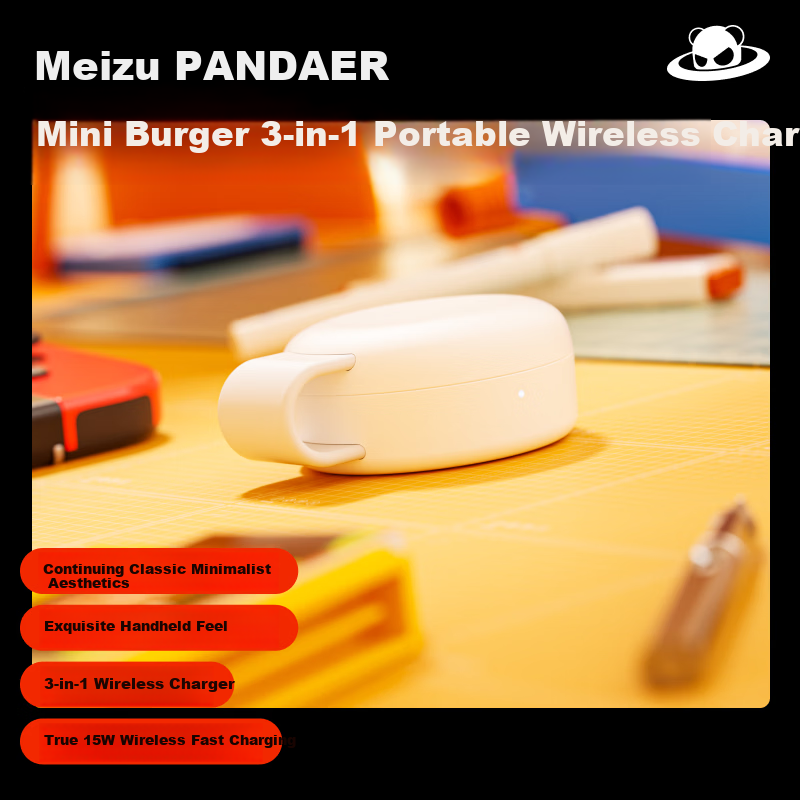 Meizu PANDAER Mini Burger 3-in-1 Portable Wireless Charger for iPhone/Apple Watch/Earbuds, 15W Fast Wireless Charging, Magnetic iWatch Compatible