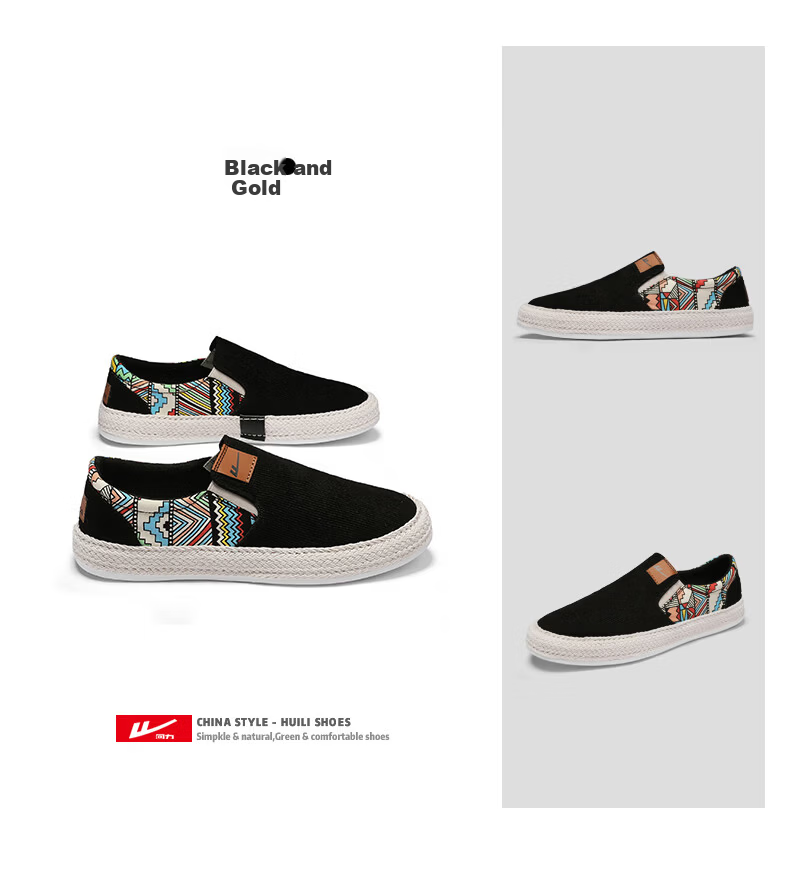 Warrior Men's Spring Slip-On Canvas Shoes Ultra-Light Soft Sole Traditional Print Fashion Versatile Canvas Shoes Black Color Size 44 15