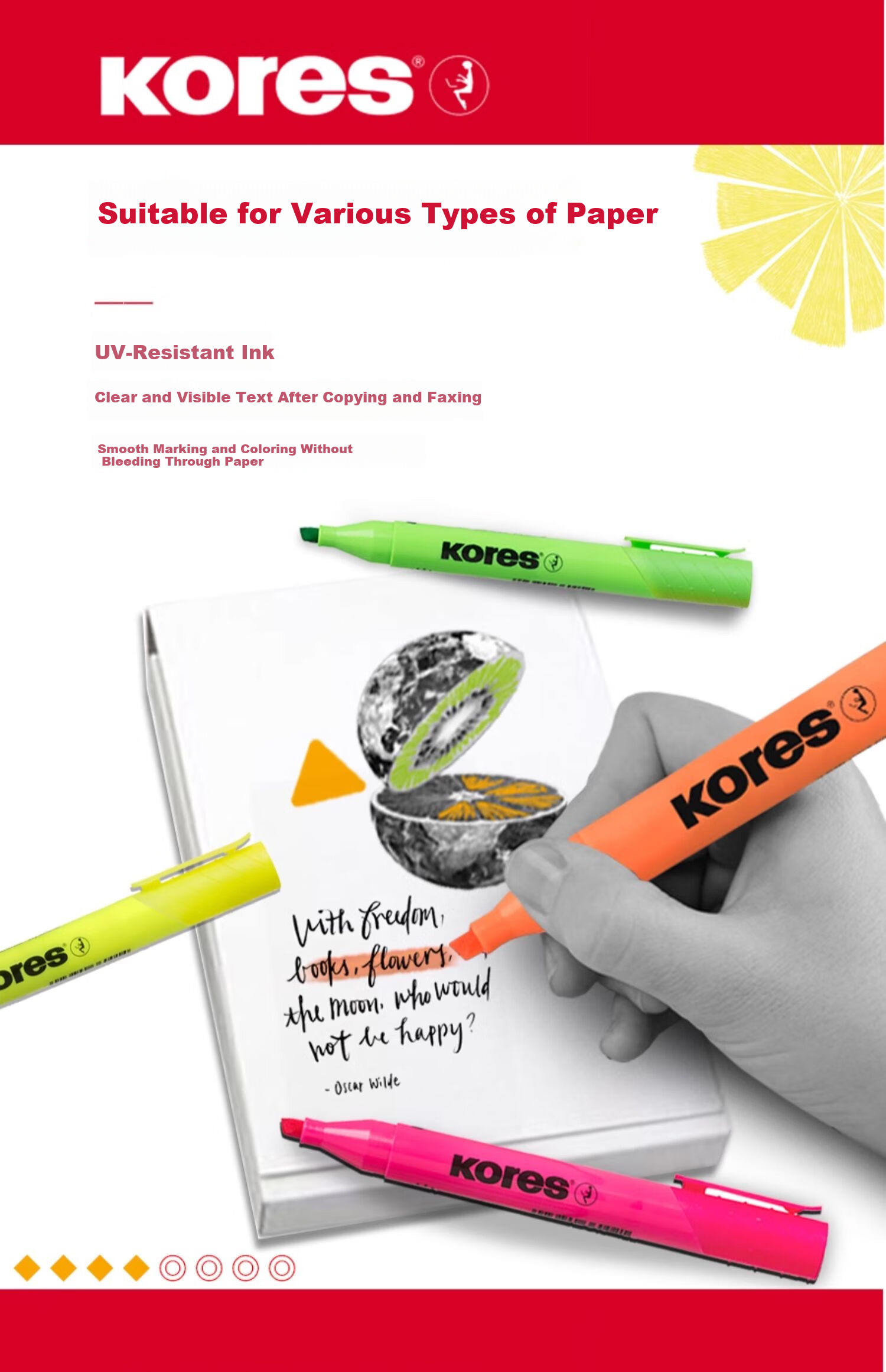 KORES Europe Kores Chisel Tip Highlighter Pen Student Colored Highlighting Marker Fluorescent Color Note-taking Opaque Large Capacity Marker Thick Barrel Yellow 4-Pack 9