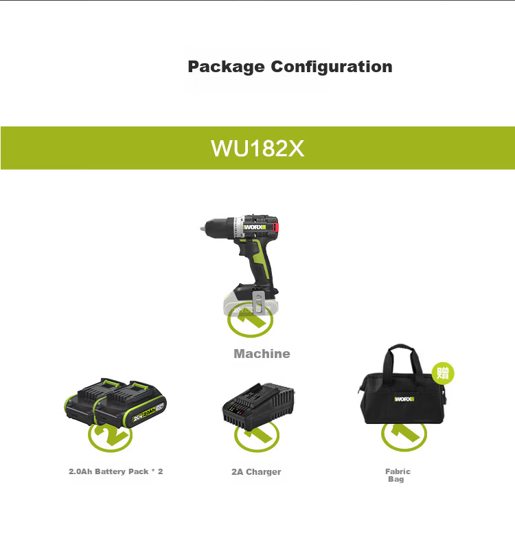 Worx 20V Brushless Cordless Drill WU182X (2.0Ah Dual Battery) Lithium-ion Electric Multi-function Handheld Drill 14