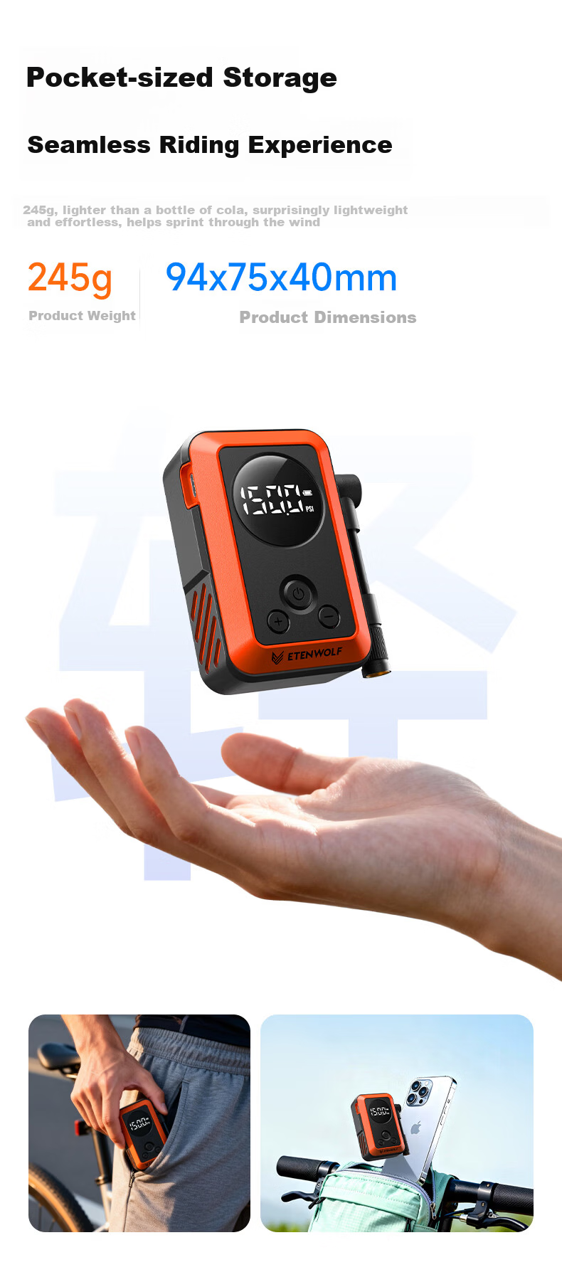 ETENWOLF S0 Road Bike Pump High-Pressure Portable Wireless Bicycle Inflator 5