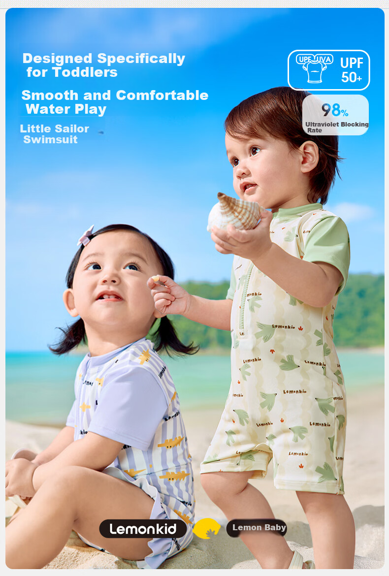 Lemonkid Baby Swimwear Unisex Kids Sun Protection Short Sleeve One-Piece Swimsuit Cute Toddler Swimwear 2
