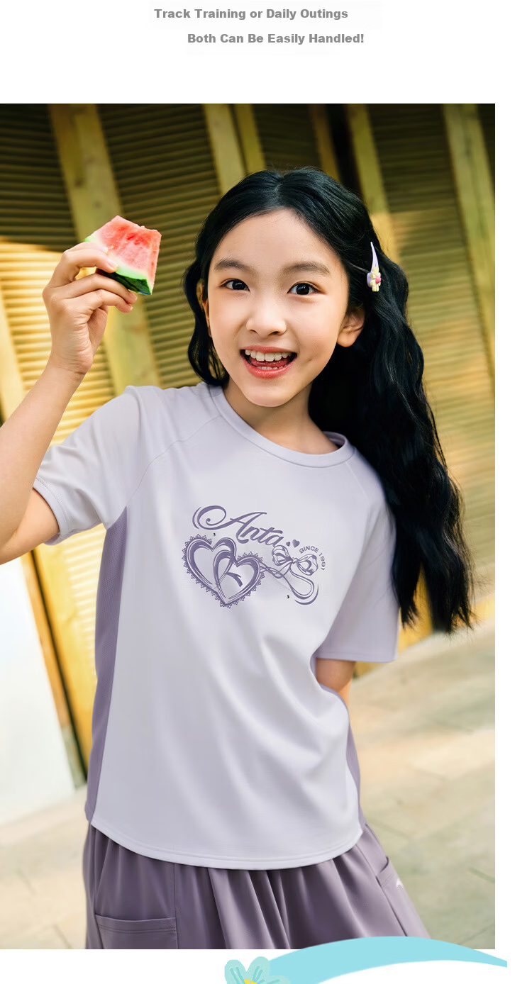 ANTA Kids Girls Summer 2026 Breathable Quick-Dry Short Sleeve T-Shirt and Shorts Sports Two-Piece Set A62627701 10