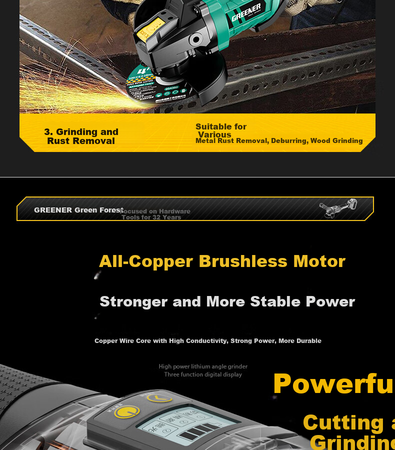 GREENER Lithium Angle Grinder Cutting Machine Household Handheld Electric Polisher Brushless Grinder Grooving Genuine Digital Display 10