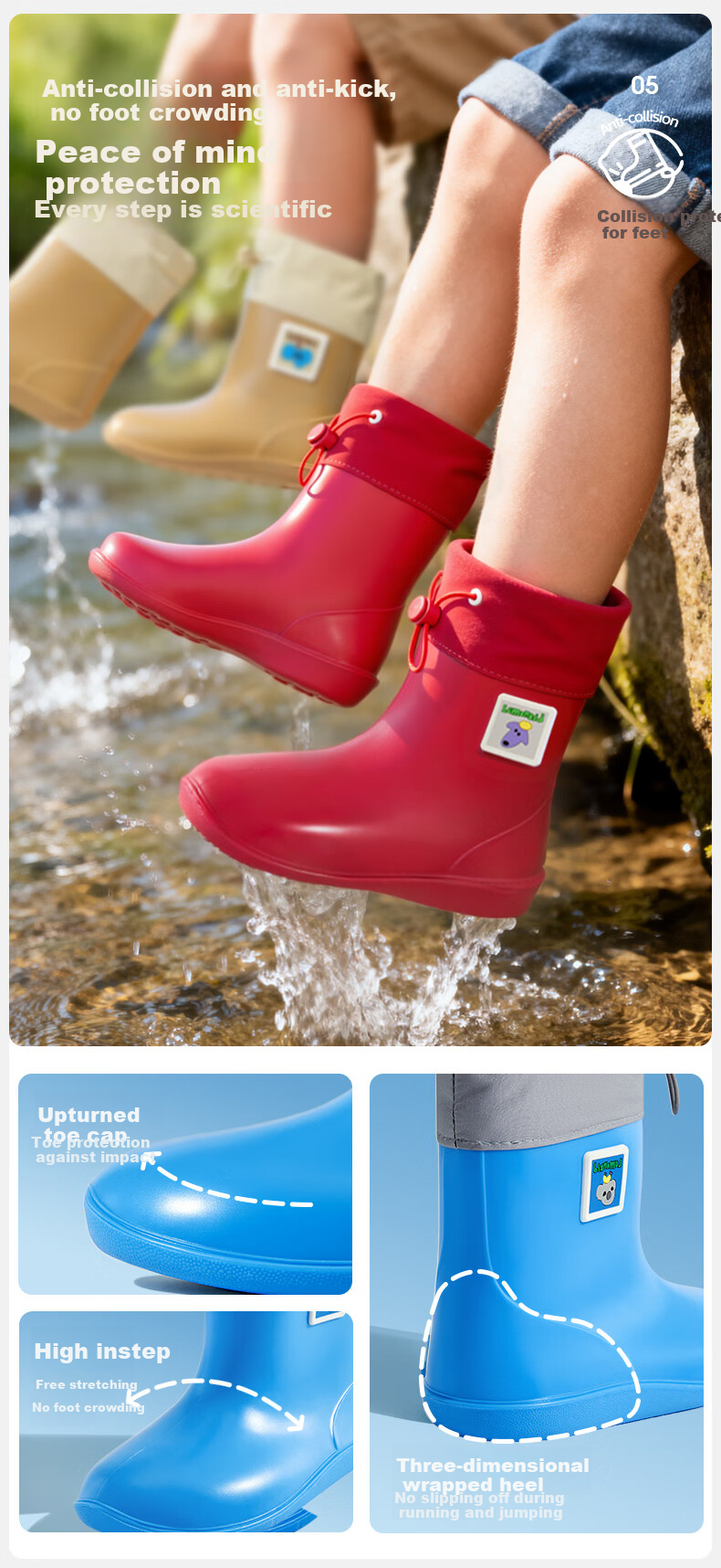 Lemon Baby Kids Waterproof Rain Boots Unisex Outdoor Non-Slip Water Shoes with Drawstring Closure, Blue, Size 18 7