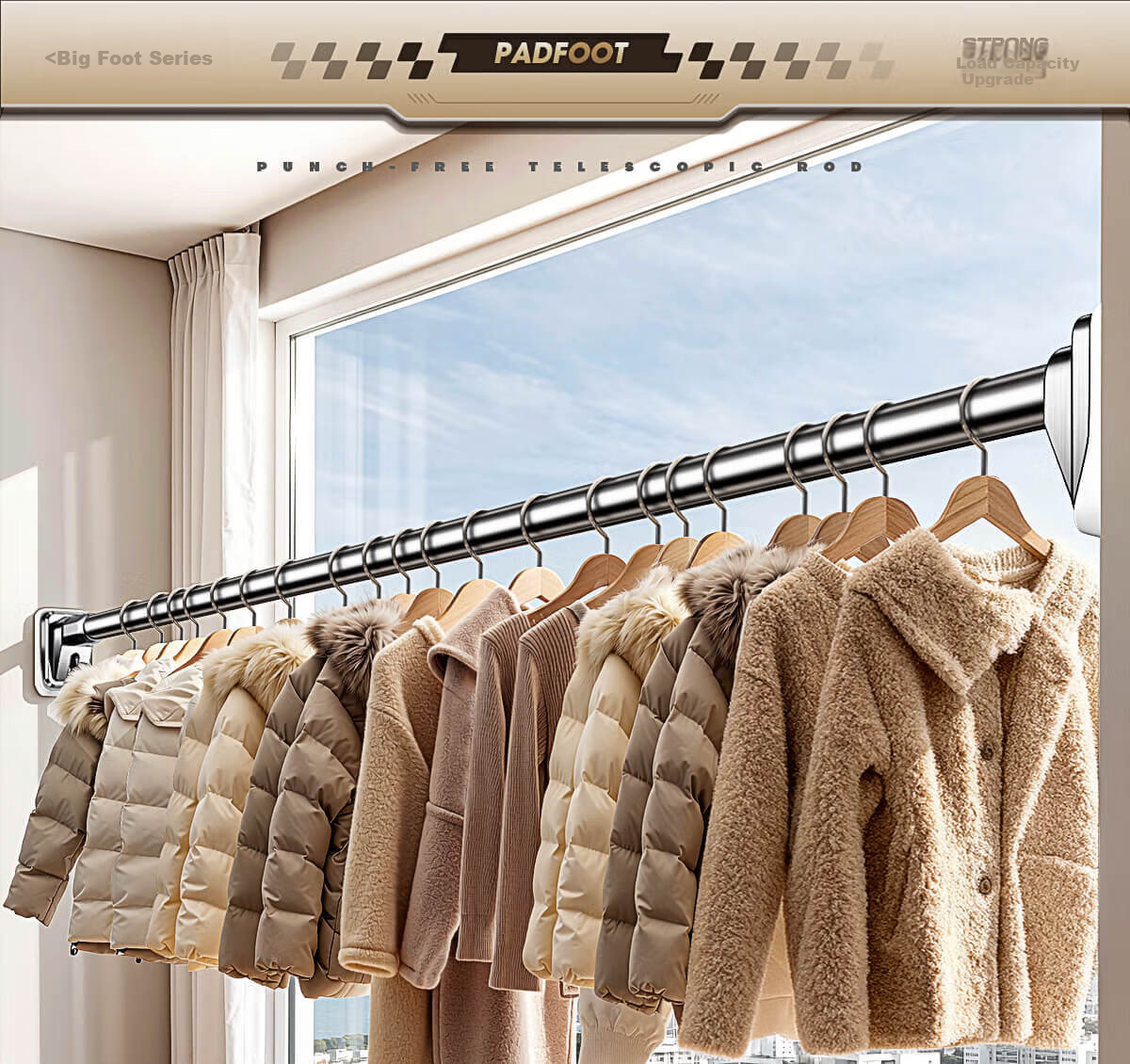 Futuristic Telescopic Clothes Drying Rod No-Drill Balcony Stainless Steel Shower Curtain Rod Wardrobe Hanging Rod Support 340-400cm 9