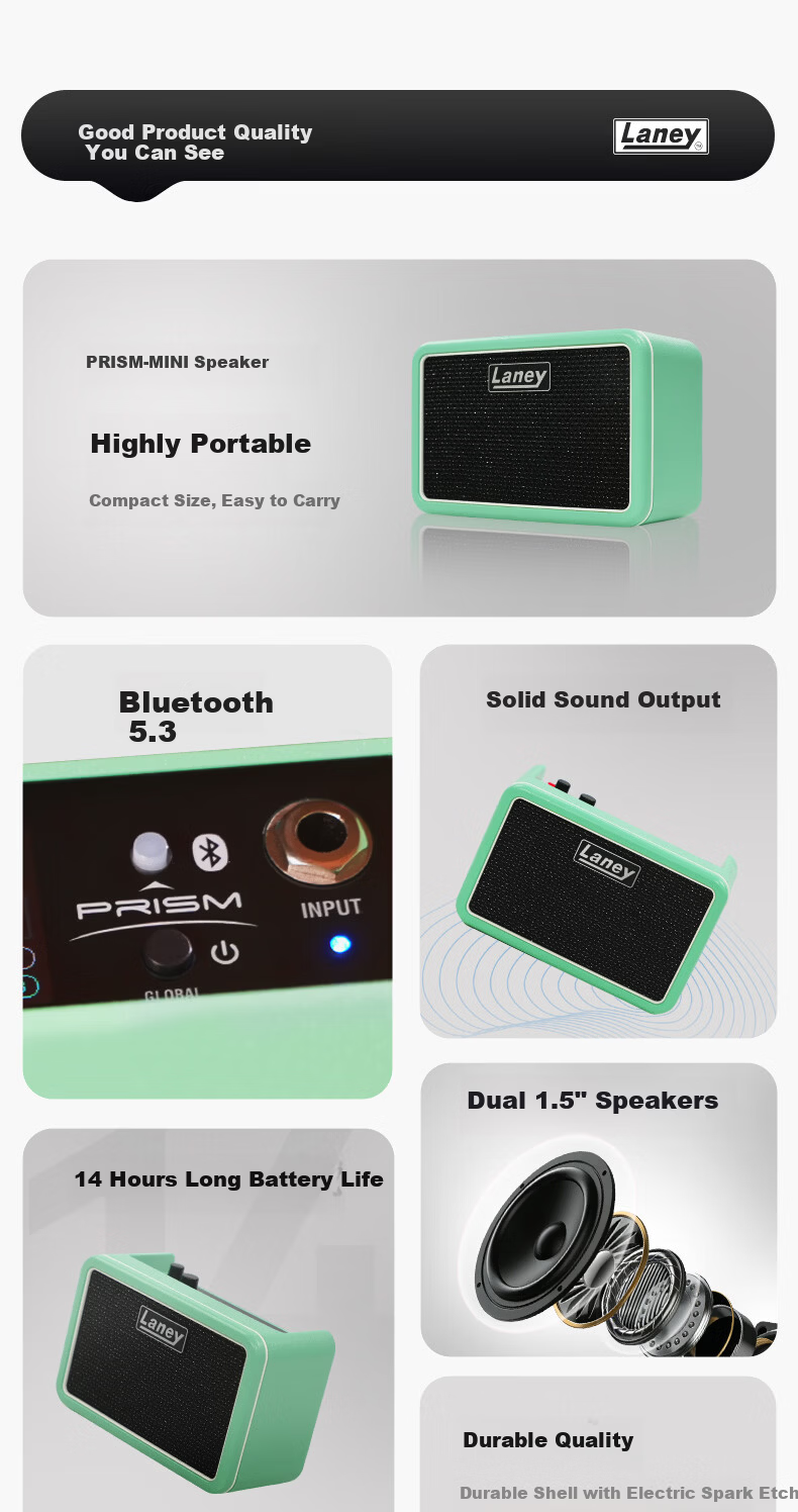 Laney UK Laney Little Green Brick PRISM-MINI Electric Guitar Bass Amplifier Mini Outdoor Portable Bluetooth Speaker 2