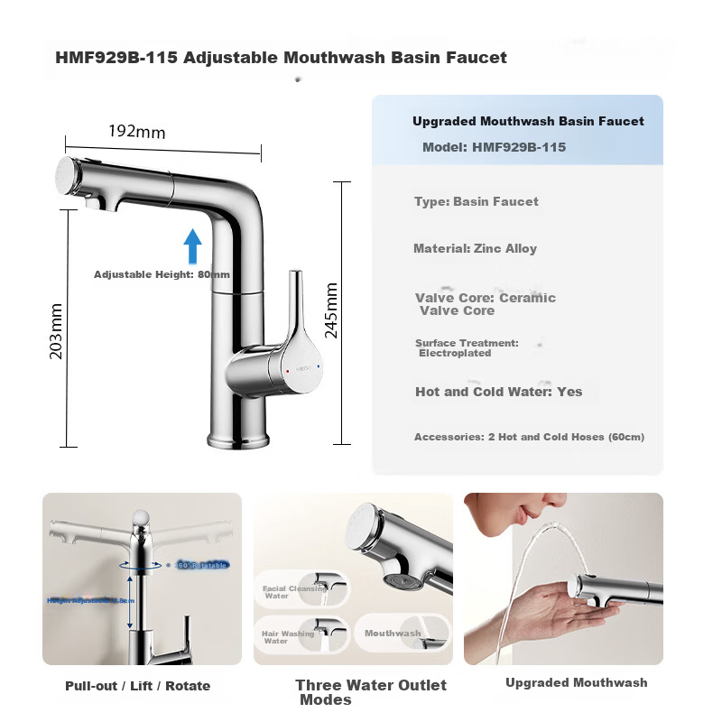 HEGII Pull-Out Basin Faucet, Multi-Functional Bathroom Sink Faucet with Hot And Cold Water, HMF903-115 4