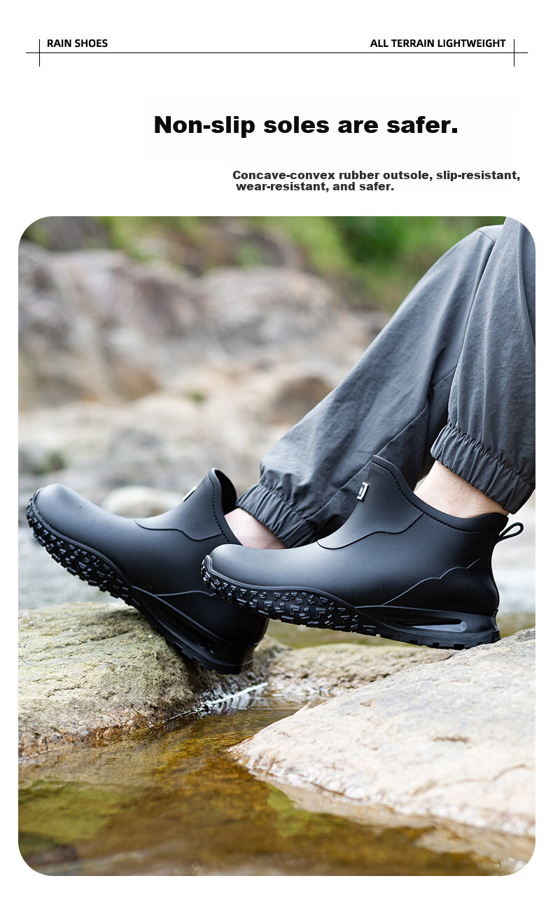 Warrior Men's Waterproof Non-Slip Fashion Outdoor Rain Shoes Durable Rubber Short Boots Hiking Rain Boots Slip-On 3538 Black Size 42 2