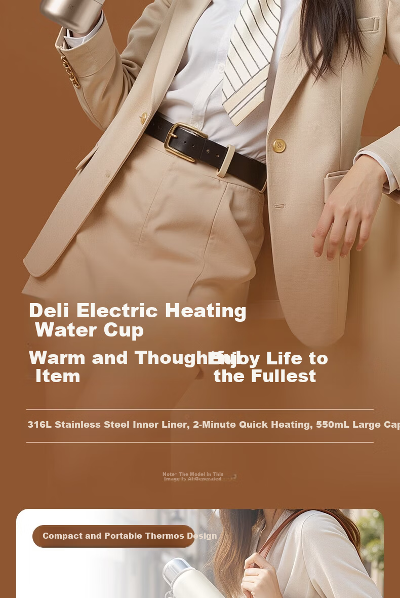Deli Portable Electric Heating Water Cup 550ml Large Capacity Insulated Kettle Travel Vacuum Insulated Smart Constant Temperature 316L Stainless Steel Inner Liner 2