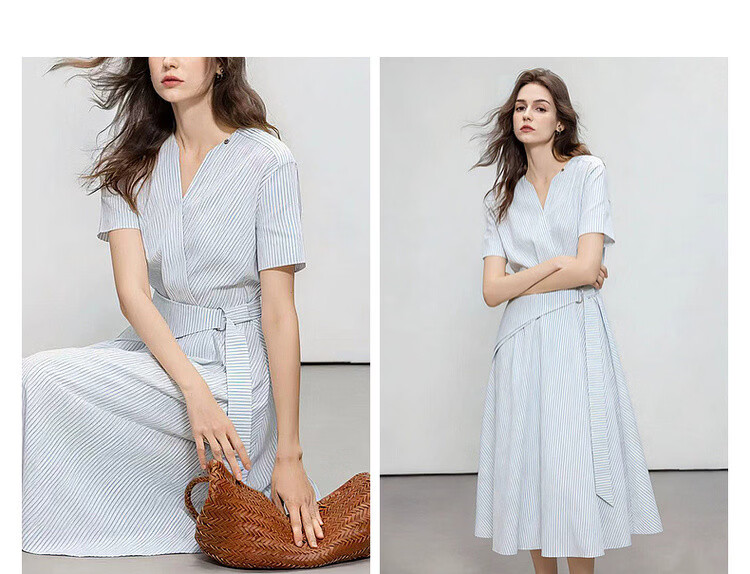 Demana Lightweight Cloud Oxygen Cotton Summer Simple Commuter V-Neck Striped Waist Belt Tie Waist A-Line Women's Dress 7