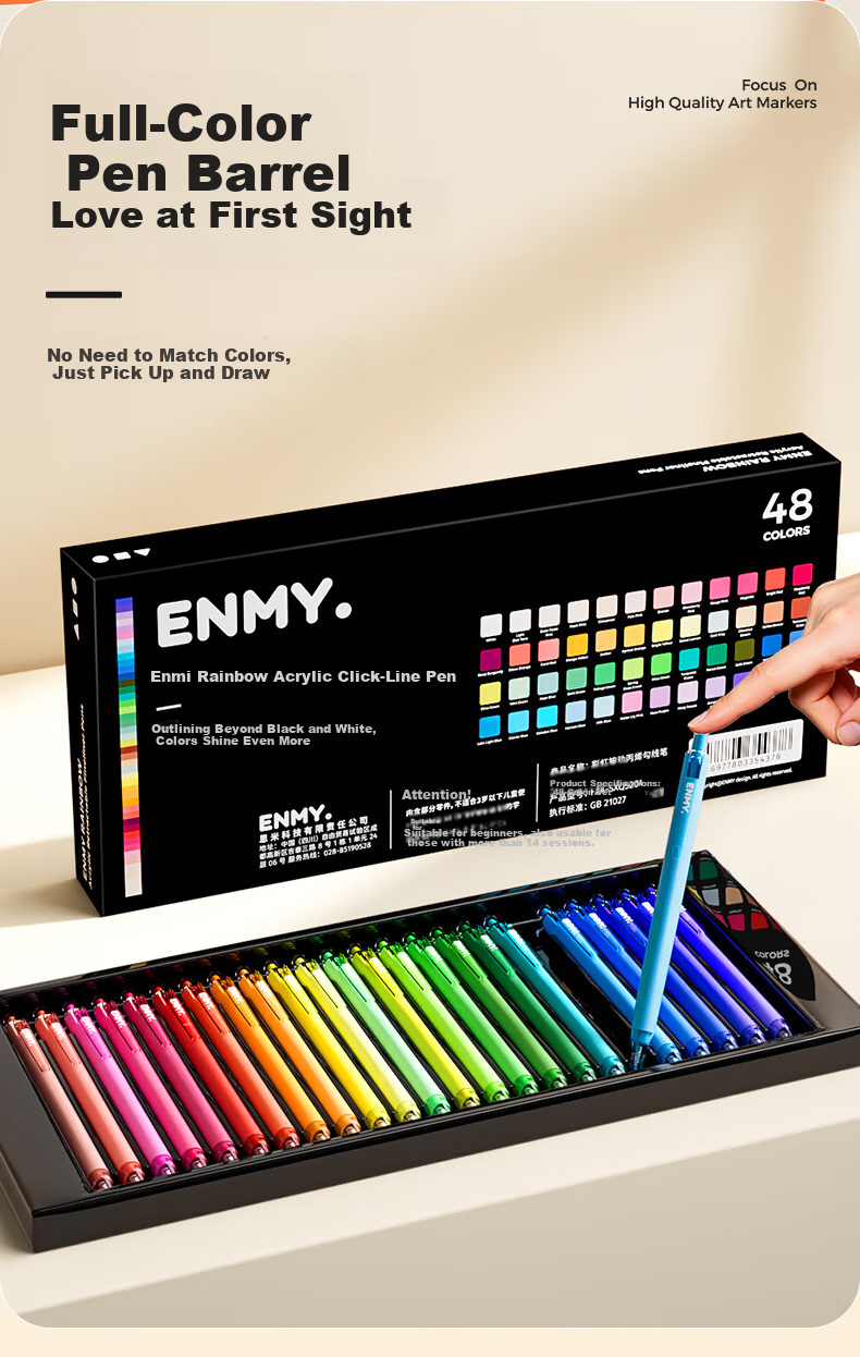 Enmy Rainbow Acrylic Liner Pen Classic Colors 6-Color/Box Professional Watercolor Art Click-Action Fine Tip Painting Pen High-Quality Full Set Marker 6
