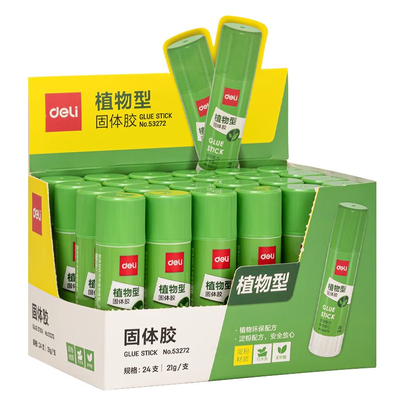 Deli 21g Plant-Based Solid Glue Stick, High-Adhesive Green Formula, Eco-Friendly Formaldehyde-Free, Student Stationery, 24 Pieces/Box, Office Supplies, 53272