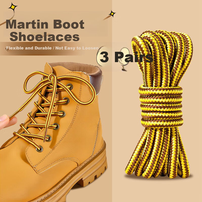 Huabaochi 3 Pairs Yellow Martin Boots Shoelaces Unbreakable Thick Round Classic Work Hiking Shoes Laces for Men and Women