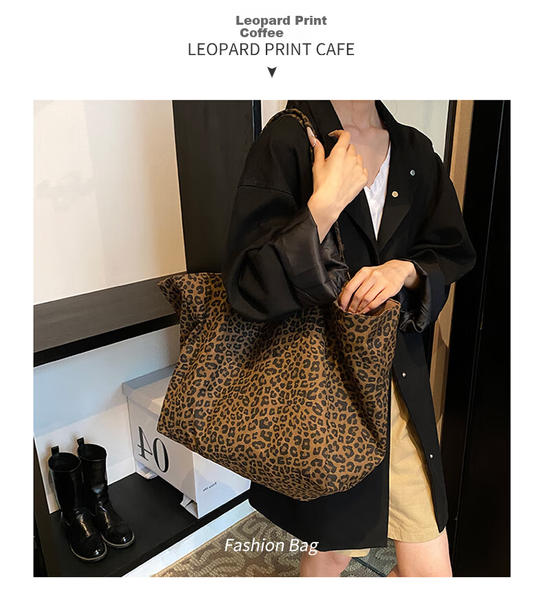 40,000 Kilometers Commuter Leopard Print Canvas Bag Women Fashion Korean Style Casual Versatile College Tote Bag Large Capacity Shoulder Bag 3