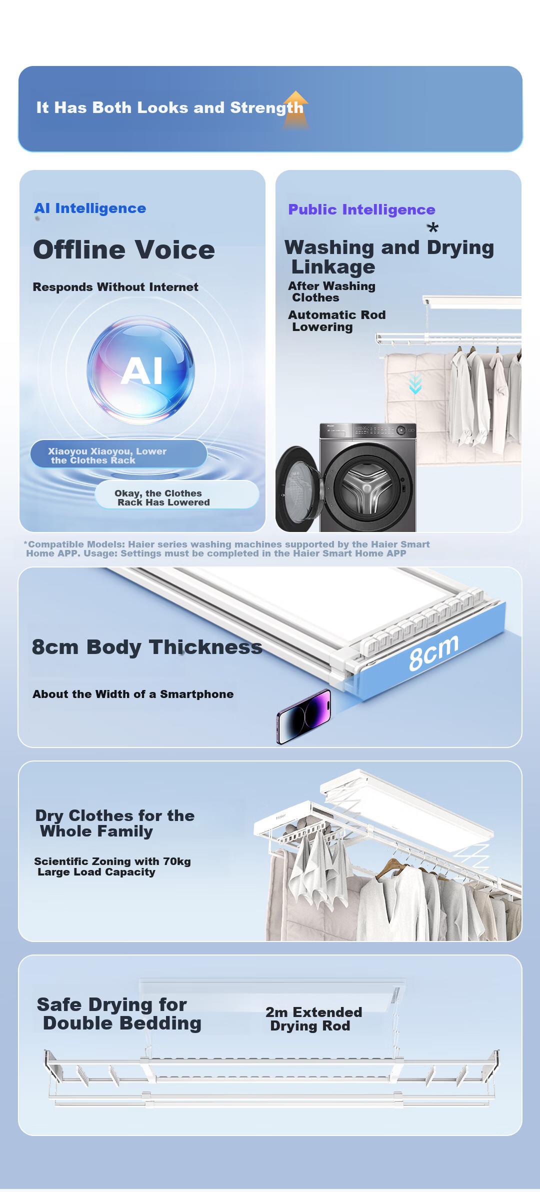 Haier Electric Clothes Drying Rack Smart Invisible Fully Automatic Lifting Balcony Clothes Dryer Wireless Remote Control Drying Rod 3