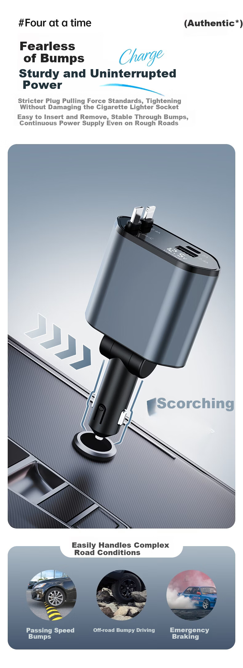 Huangchi 120W Super Fast Charging Retractable Cable Car Charger 3-in-1 Multifunctional Cigarette Lighter Adapter 12