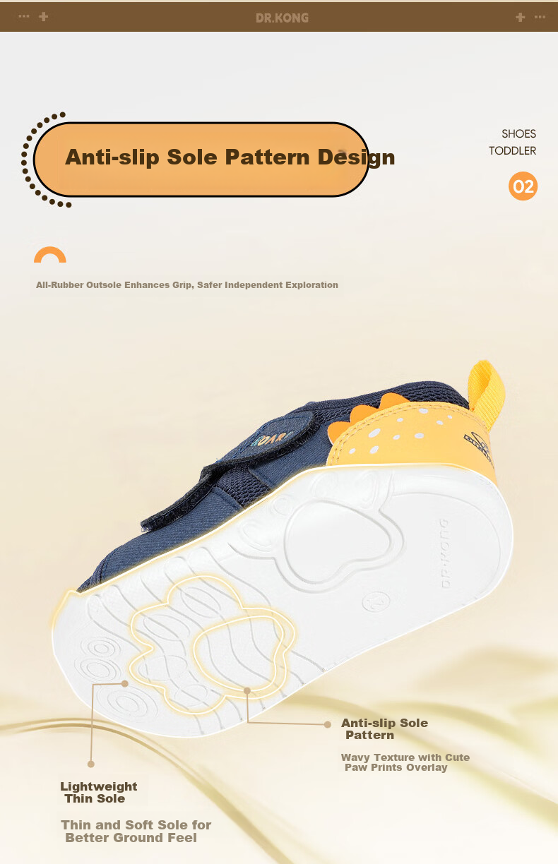 DR·KONG Toddler Early Walking Shoes Spring Boys Soft Sole Comfortable Kids Shoes 2B13A1005CM Navy/Yellow Size 19 6