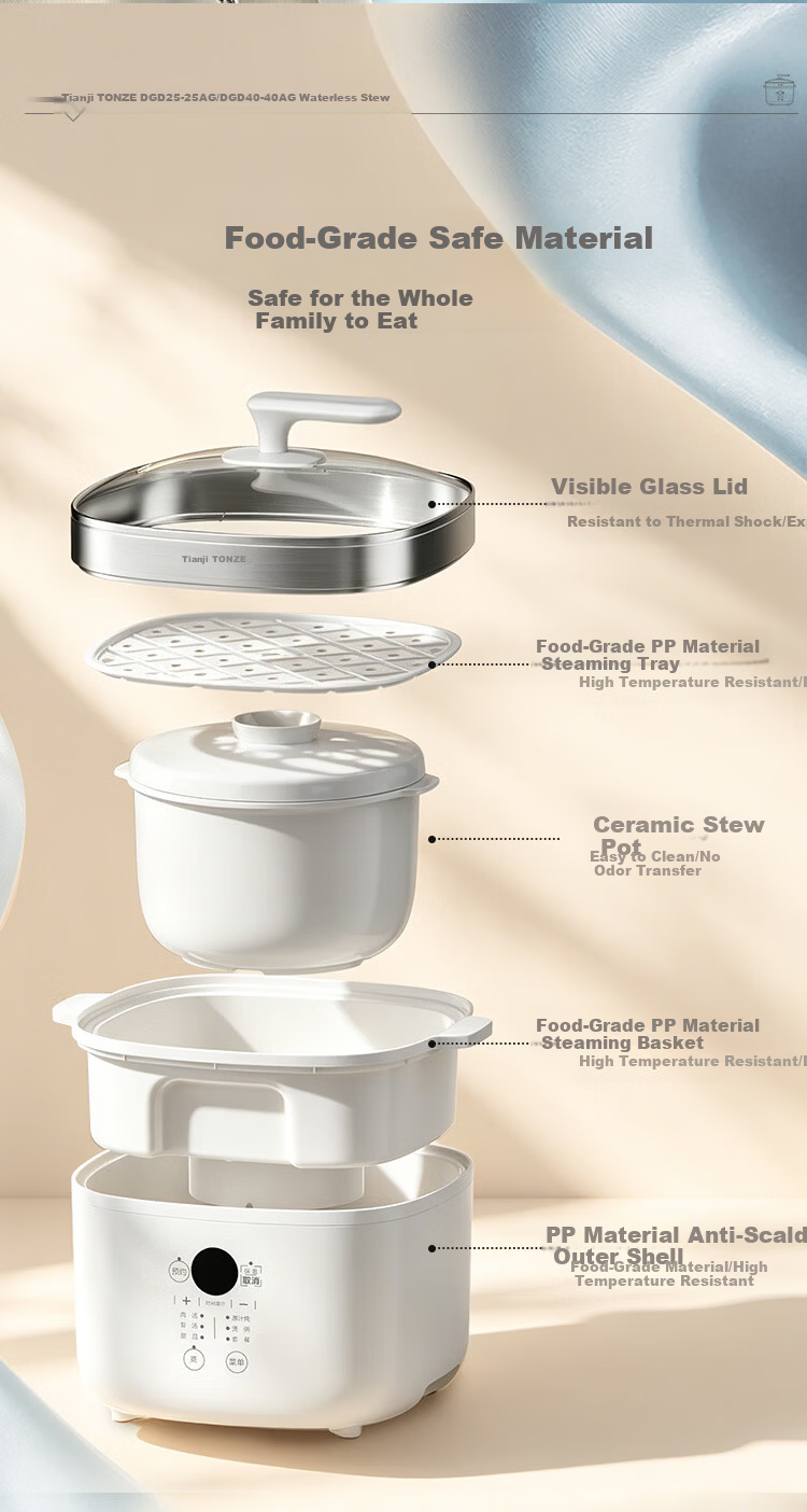 TONZE Electric Stew Pot, Double Boiler, Home Automatic Soup Maker, Ceramic Inner Pot, Bird's Nest Stew Pot, Special Steam Stewing Multi-Function Cooker, One Pot with 4 Inner Pots, DGD25-25AG 13
