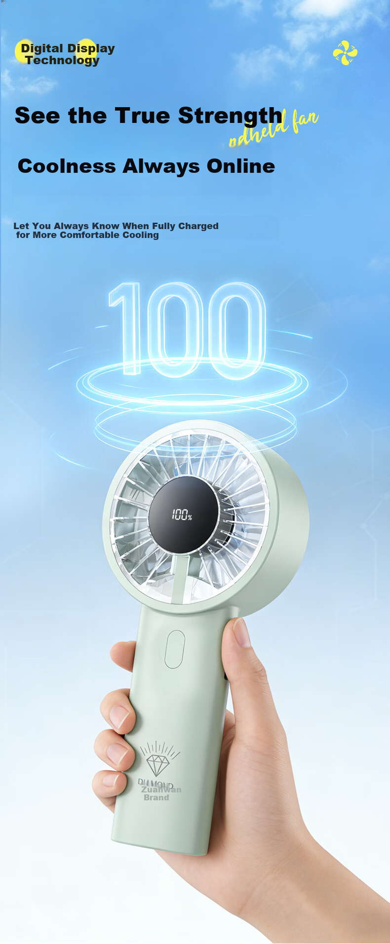 Diamond Brand Handheld Mini Fan High-Speed Energy-Saving Portable Rechargeable Quiet Powerful Outdoor Personal Fan for Students Dormitory Back to School 9