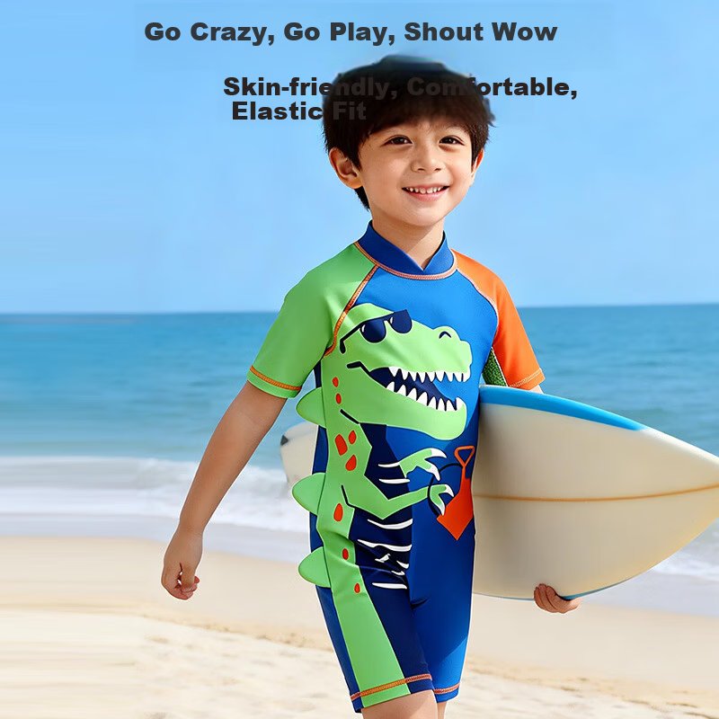 9i9 Kids Boys One-Piece Hooded Sunscreen Quick-Dry T-Rex Baby Swimming Hot Spring Suit B150 Blue 90