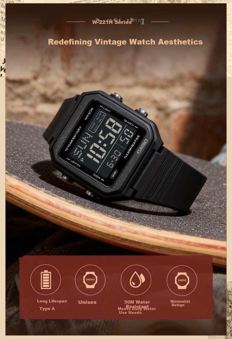 Casio Watch, Square Casual Trendy Student Sports Digital Japanese/Korean Style Watch, Father's Day Gift W-221H 2