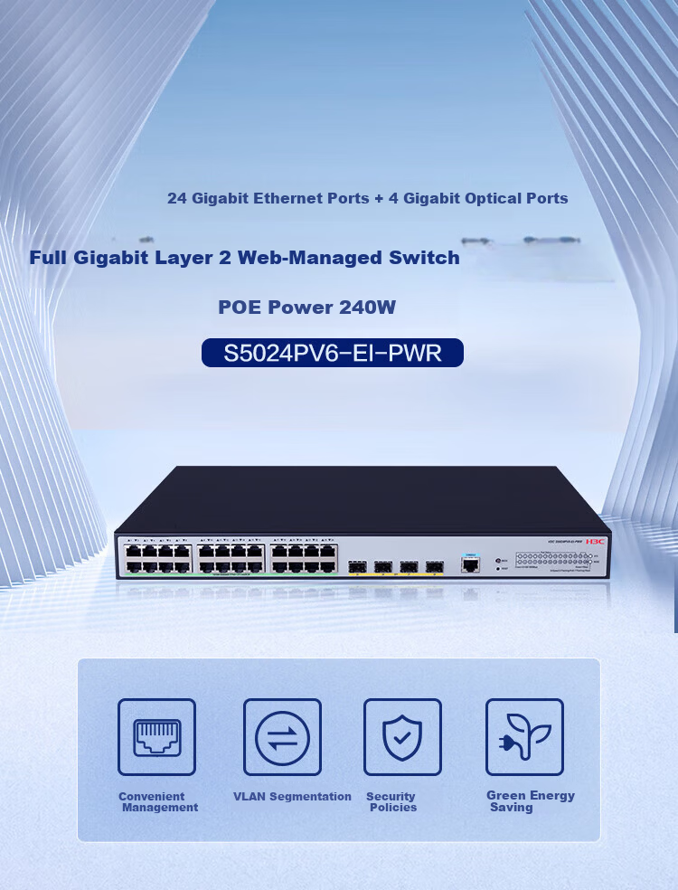 H3C Gigabit PoE Switch with 1m Console Cable, 24 Ethernet Ports + 4 Optical Ports, Advanced Layer 2 Managed S5000PV6-EI Series Enterprise IPv6 Network Switch Stackable 1