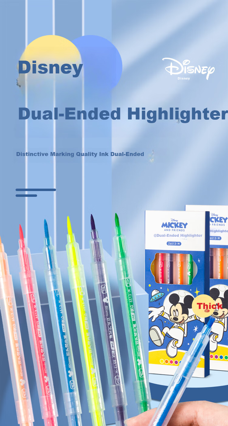 Disney Double-Ended Highlighter Pens 6 Colors Mickey Stationery for Elementary Students Exam Review Colorful Markers 1