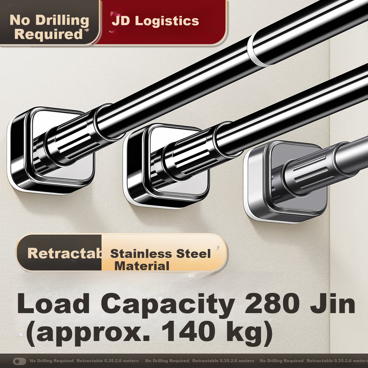 Futuristic Telescopic Clothes Drying Rod No-Drill Wardrobe Support Rod Bathroom Clothes Rack Adjustable Curtain Rod 35-50cm