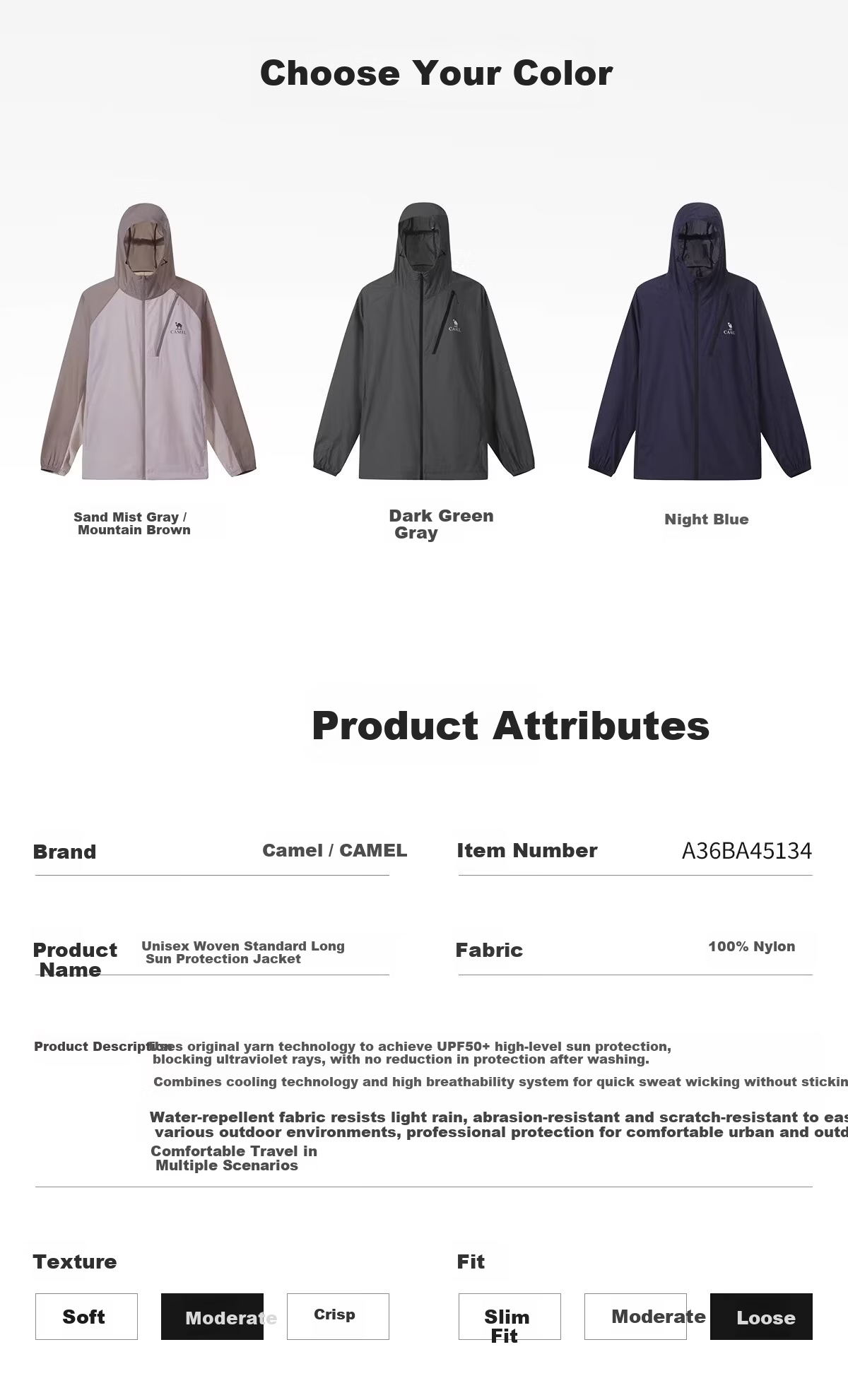 CAMEL Outdoor Sun Protection Jacket 2026 Spring Summer New Unisex Ice Cooling Breathable Durable Sunproof Sports Coat 5134 13