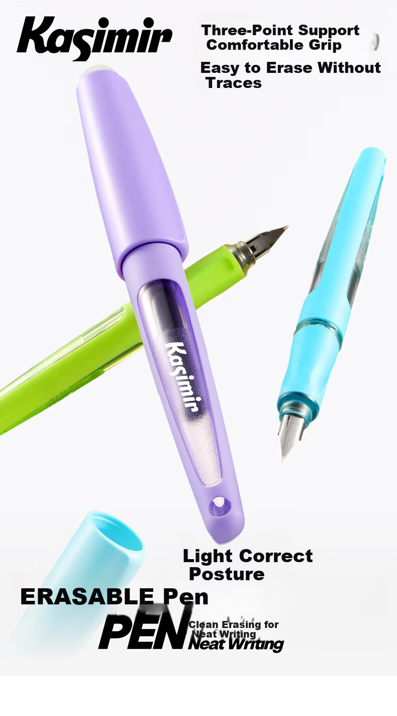 Casimir Lightweight Correct Posture Heat-Erasable Fountain Pen Set Beginner Handwriting Grade 3 Ergonomic Signature Student Stationery Green Pen + 10 Crystal Blue Ink Cartridges 1