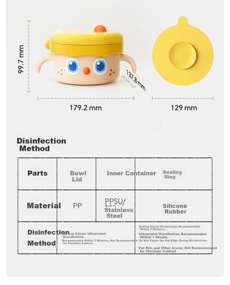 Huang Chong Big-Eyed Cute Baby Feeding Bowl Children's Water-Filled Insulated Suction Bowl PPSU Double-Layer Insulated Lunch Box Yellow 30
