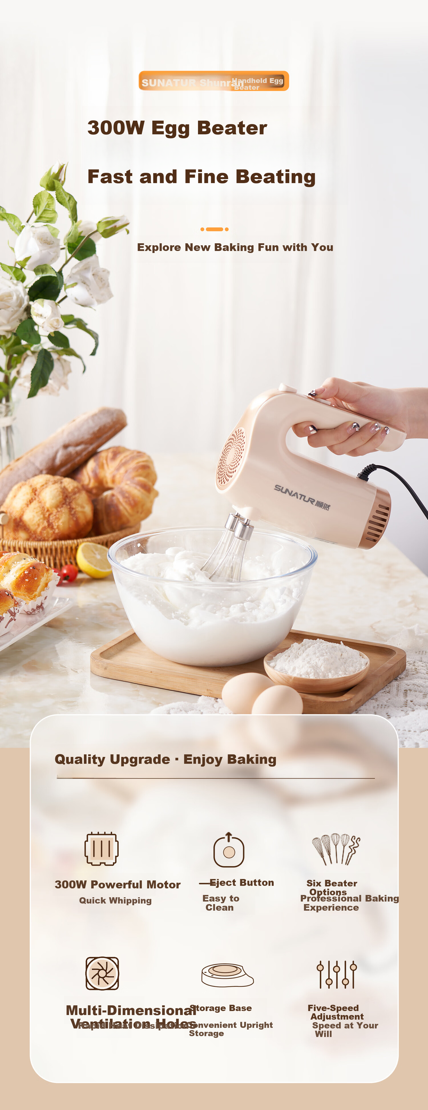 Shunran [Price Protection 618] Electric Egg Beater Baking Tool Cake Cream Whisk Mixer Food Processor 300W High Power Four-Whisk SRZ-1830B 1