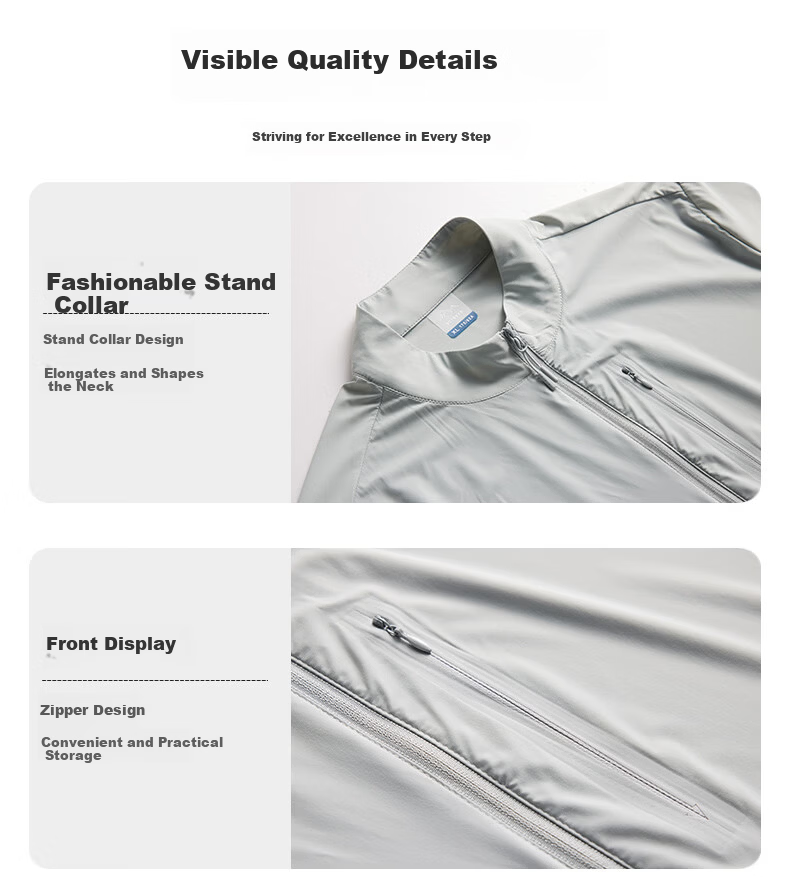 ROMON Men's Summer Thin Quick-Dry Ice Silk Breathable Stand Collar Executive Jacket Quick-Dry Coat 001 Light Gray L 7
