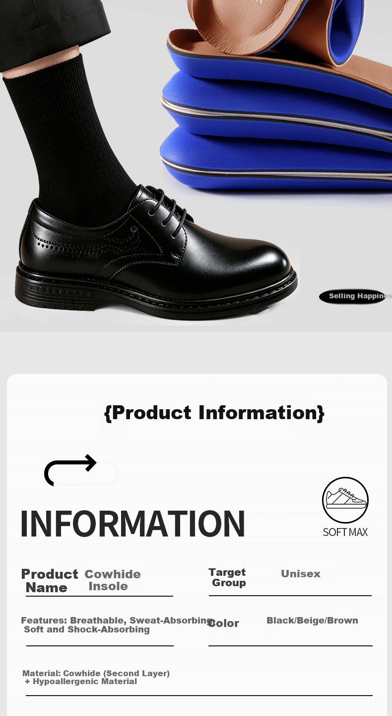 JVBV Men's Leather Insoles Cowhide Sweat-Absorbing Breathable Odor-Resistant Soft Elastic Summer Shoes Size 39-40 6