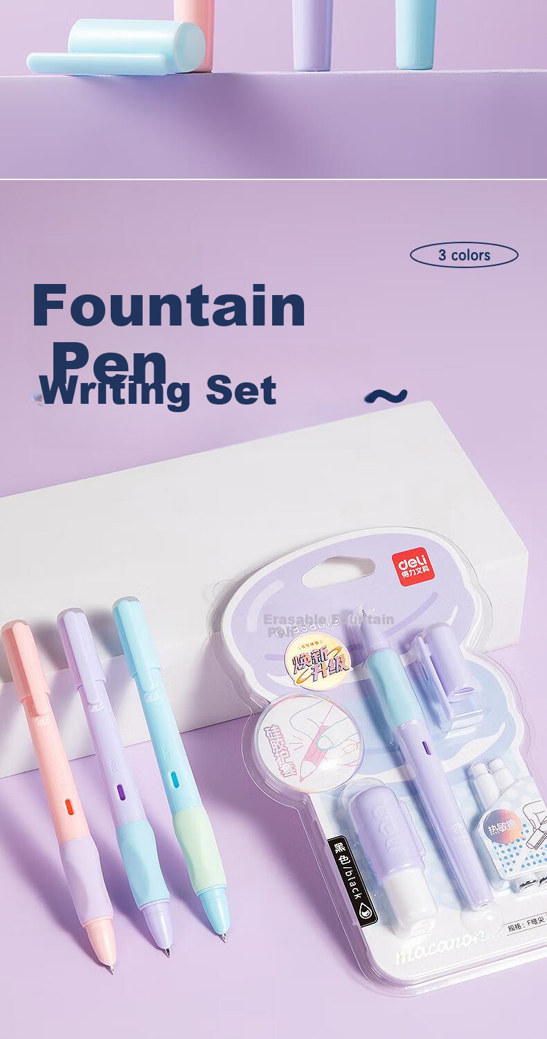 Deli Erasable Soft Grip Silicone Case Student Calligraphy Fountain Pen F Nib (1 Pen, 2 Black Ink Cartridges, 1 Pen Conditioner) SF552 F Nib (Approx. 0.5mm) Random Color 1